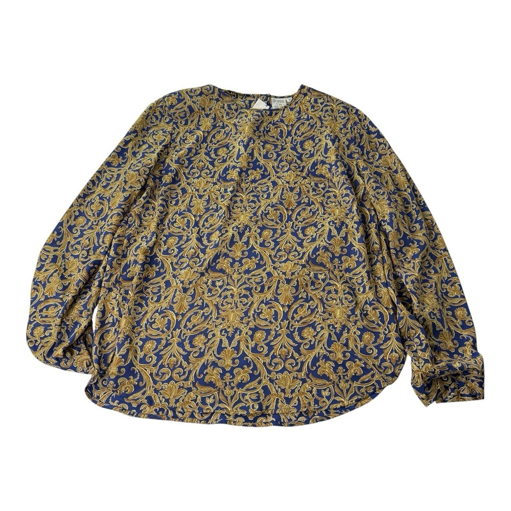 JH Collectibles Women's Size 6 Blue Gold Baroque Print Padded Shoulder Blouse